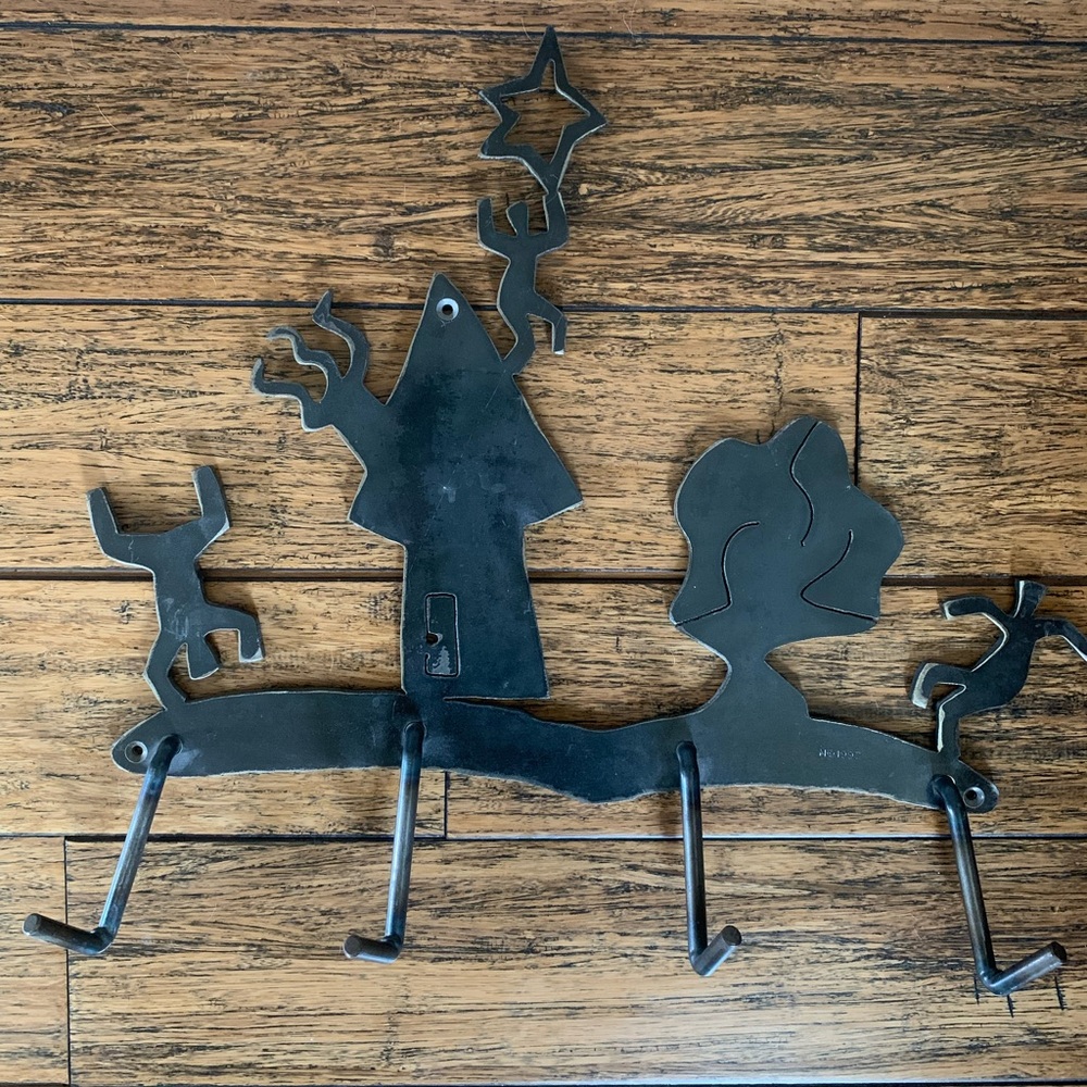 Solid metal wall hanging with hooks, artisan, handmade and heavy